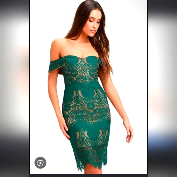 RYSE the Label Dresses & Skirts - Elegant Green Lace Off-Shoulder Dress